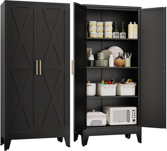61" H Metal Kitchen Pantry Storage Cabinet, Freestanding Cupboard with 2 Doors and 3 Adjustable Shelves, Standing Storage for Kitchen, Bathroom, Garage, Dinning Room or Utility Room（Black）