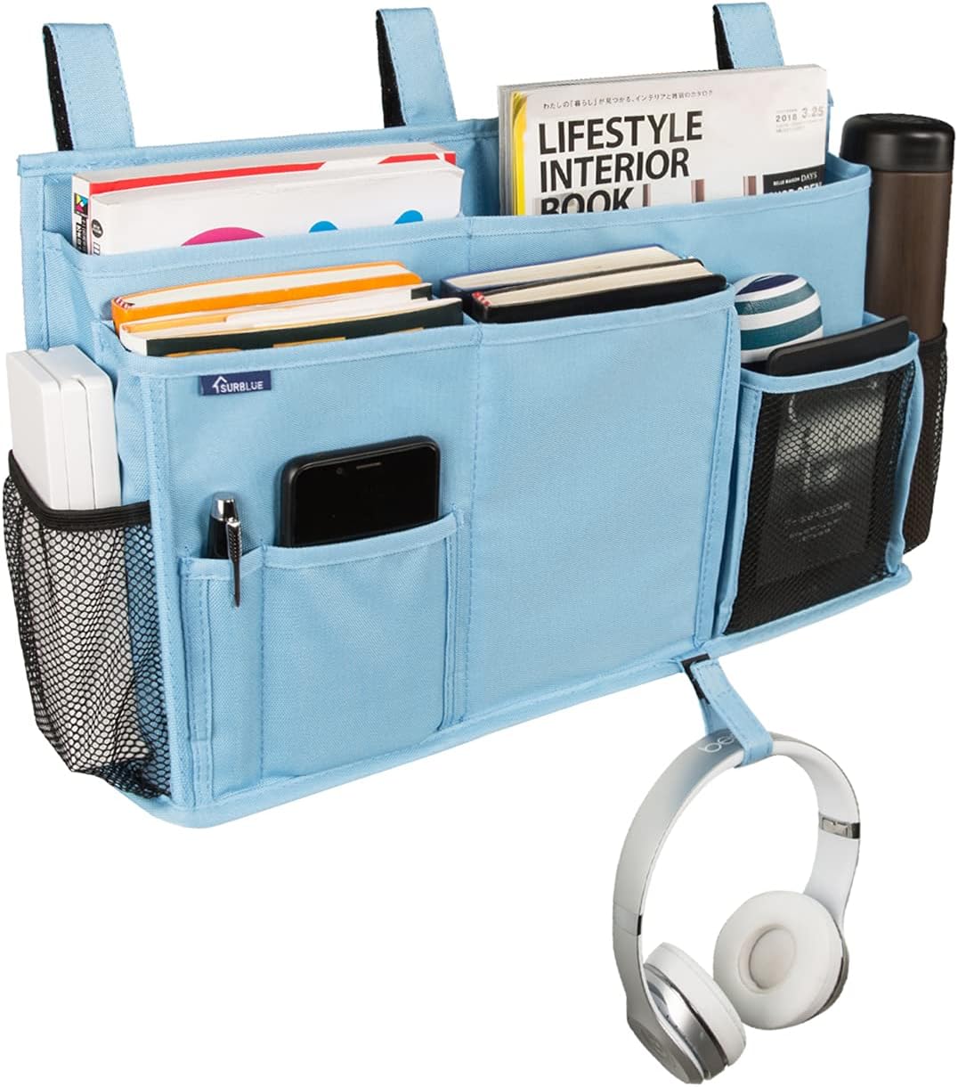 Surblue Bedside Caddy Hanging Bed Organizer Storage Bag Pocket for Bunk and Hospital Beds, College Dorm Rooms Baby Bed Rails, Camp 8 Pockets, (Large, Skyblue)
