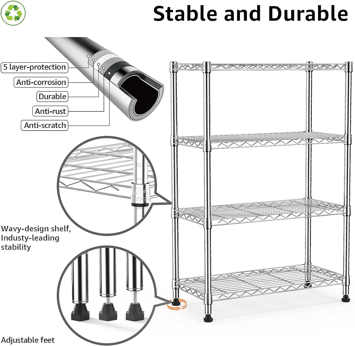 1000 lbs Storage Shelving 4-Tier Utility Shelving Unit Steel Organizer Wire Rack for Home,Kitchen,Office,Chrome (13.7" D x 23.6" W x 53.4" H)