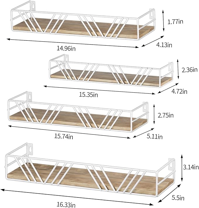 Floating Shelves for Wall Set of 4, Different Sizes Mounted Wood Floating Shelf, Wall Shelves for Living Room, Bedroom, Bathroom, Kitchen, Farmhouse Decor, Office