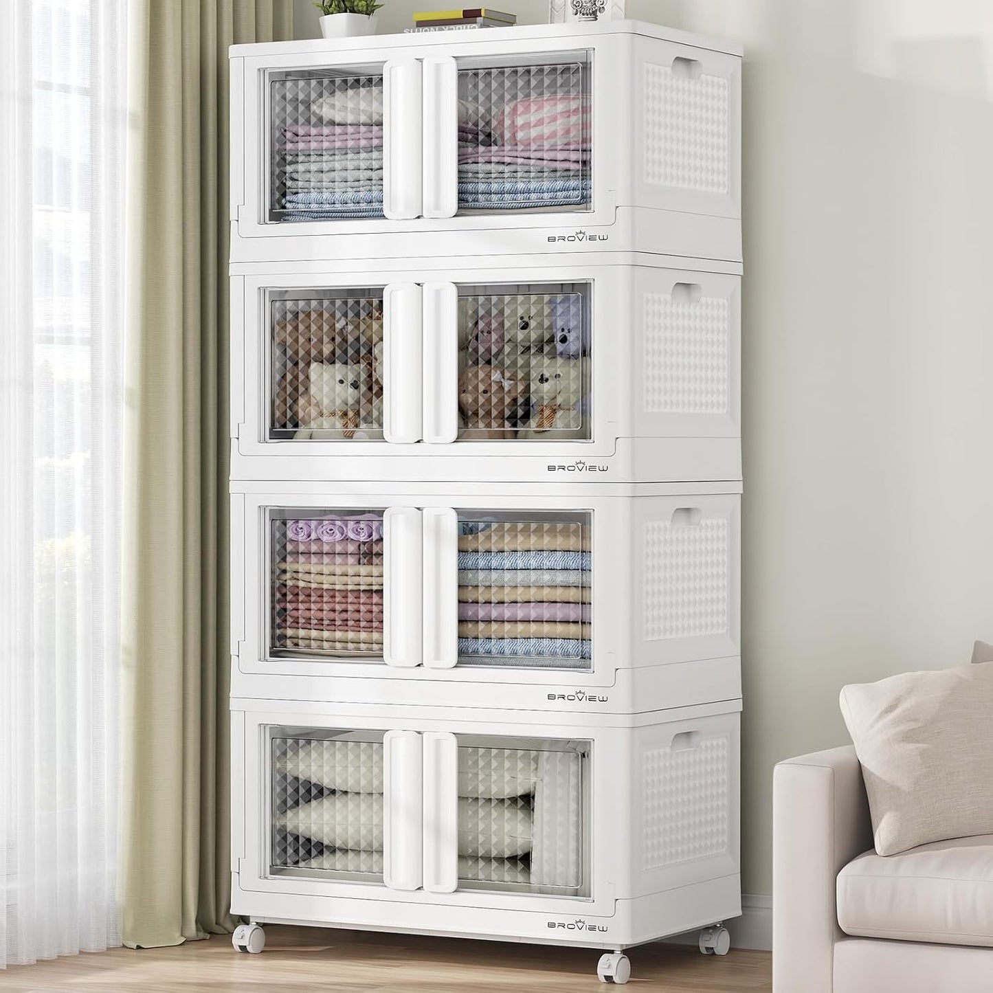 400Qt Stackable Storage Bins with Lids, 100Gal Closet Organizers and Storage Drawer, Plastic Collapsible Storage Bins with Doors, Heavy Duty Store Box Cabinet for Home Kitchen, 4Pack White