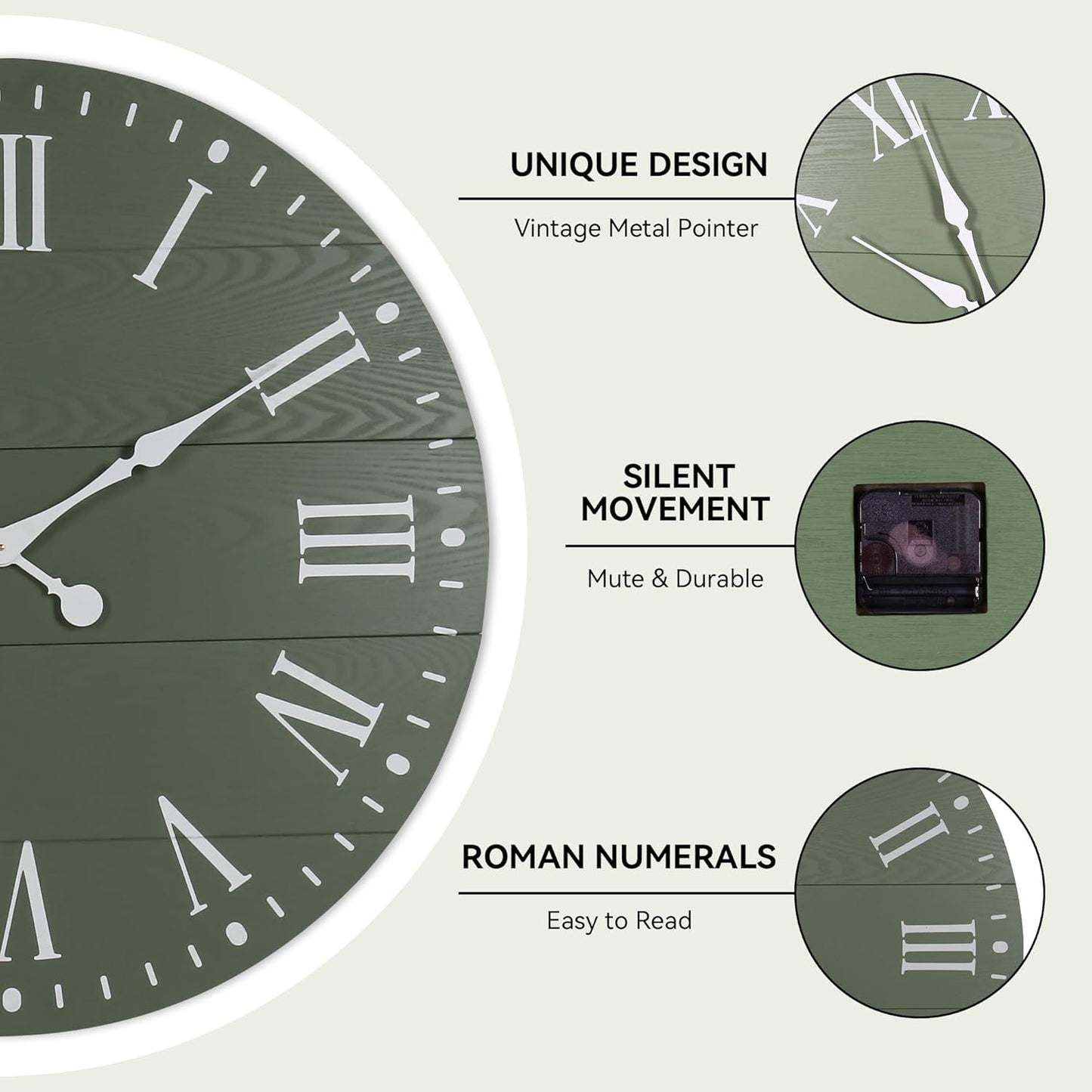 Large Wall Clock with Roman Numeral, 35” Shiplap Wall Clock Farmhouse Nearly Non-Ticking, Round Clock for Living Room Decor, Office, Bedroom, Entrance, Green