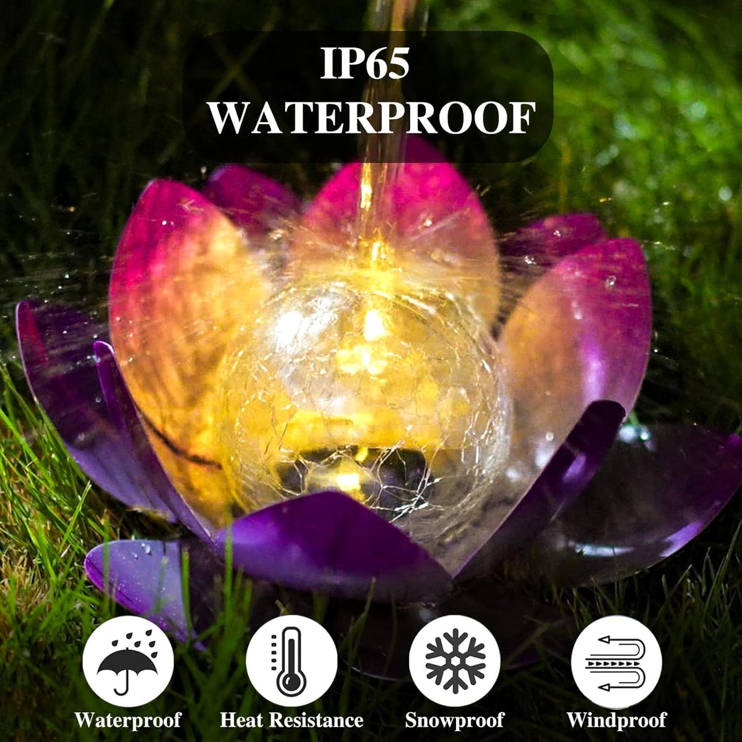 Solar Light Outdoor(2Pack), Art Crackle Globe Glass Lotus Decoration, Solar LED Waterproof Purple Metal Flower Lights for Patio,Lawn,Walkway,Tabletop