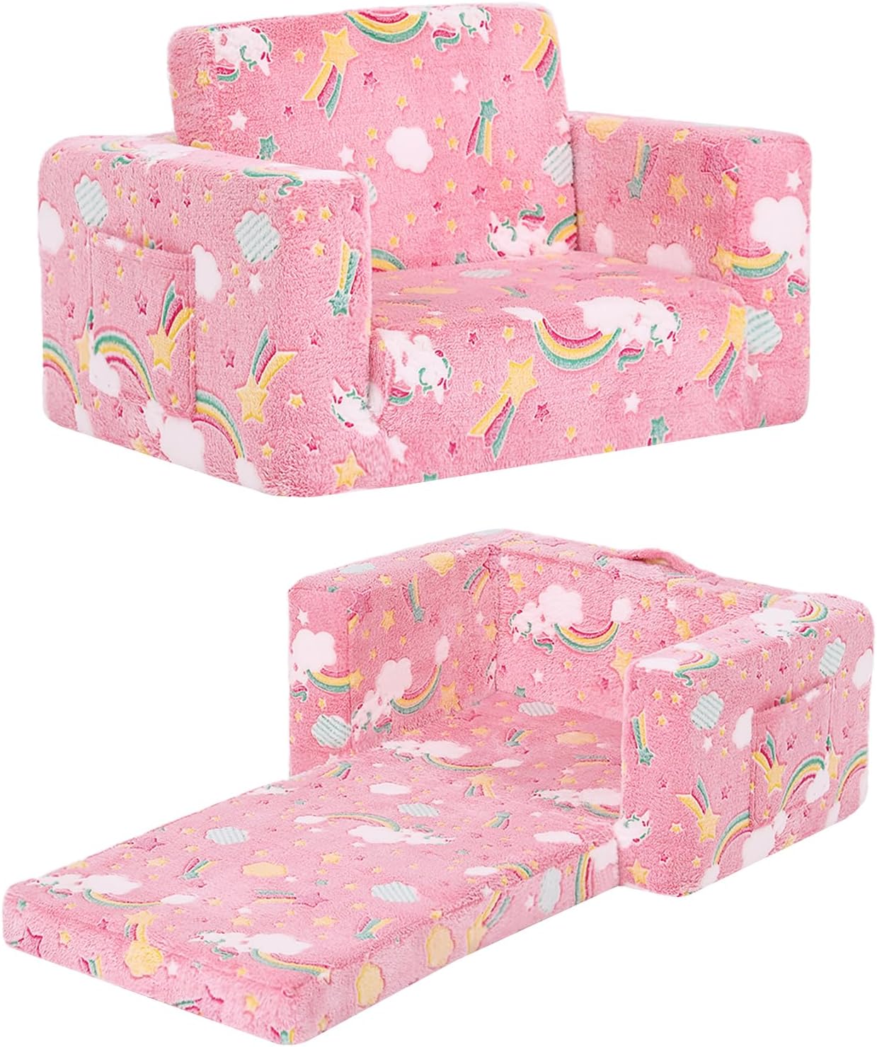 Toddler Chair Kids Couch, 2-in-1 Comfy Armchair with Removable and Washable Cover Carrying Handle, Convertible Reading Chair Toddler Couch for Girls and Boys, Pink Rainbow