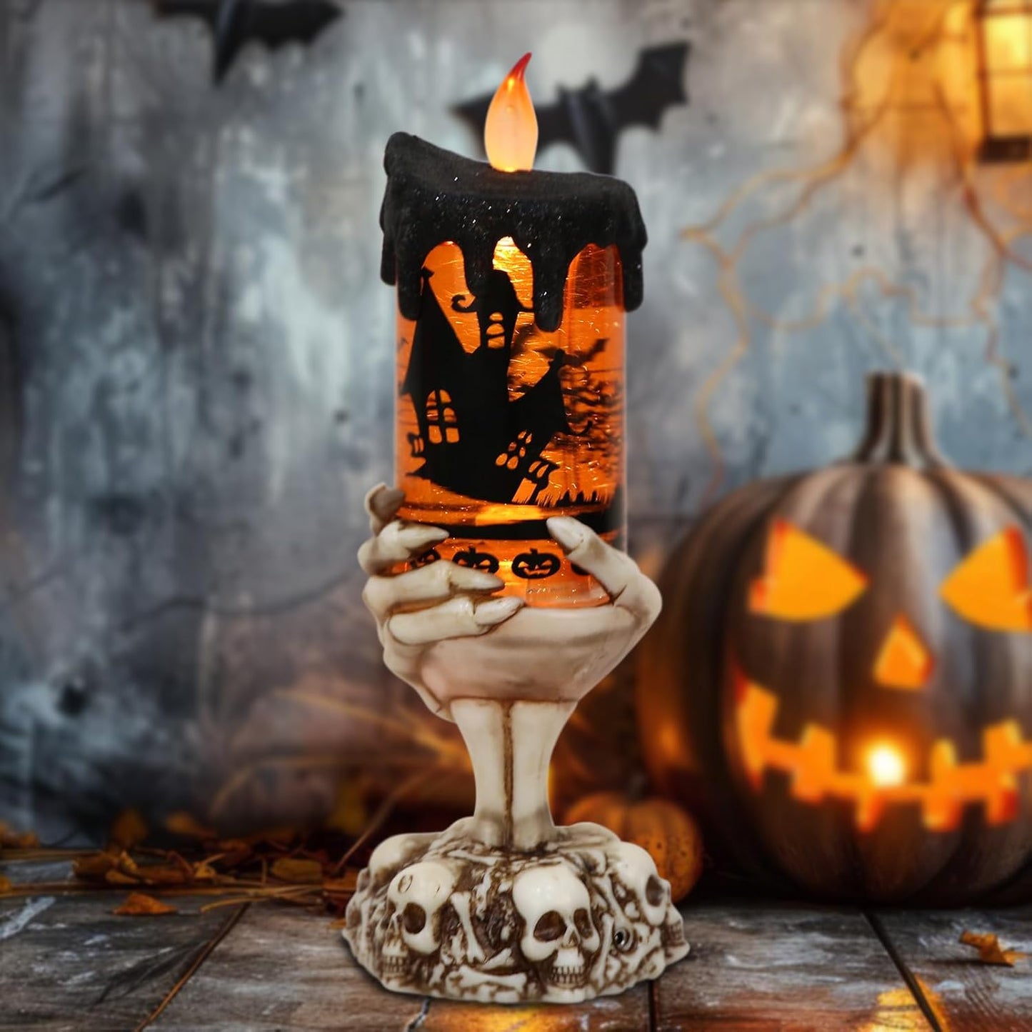 Eldnacele Halloween Snow Globe Candles Lighted Lamp USB Powered Battery Operated Spooky Spinning Water Glittering Tornado Flameless Candles Skeleton Hand Holder Halloween Centerpiece Decor(Castle)