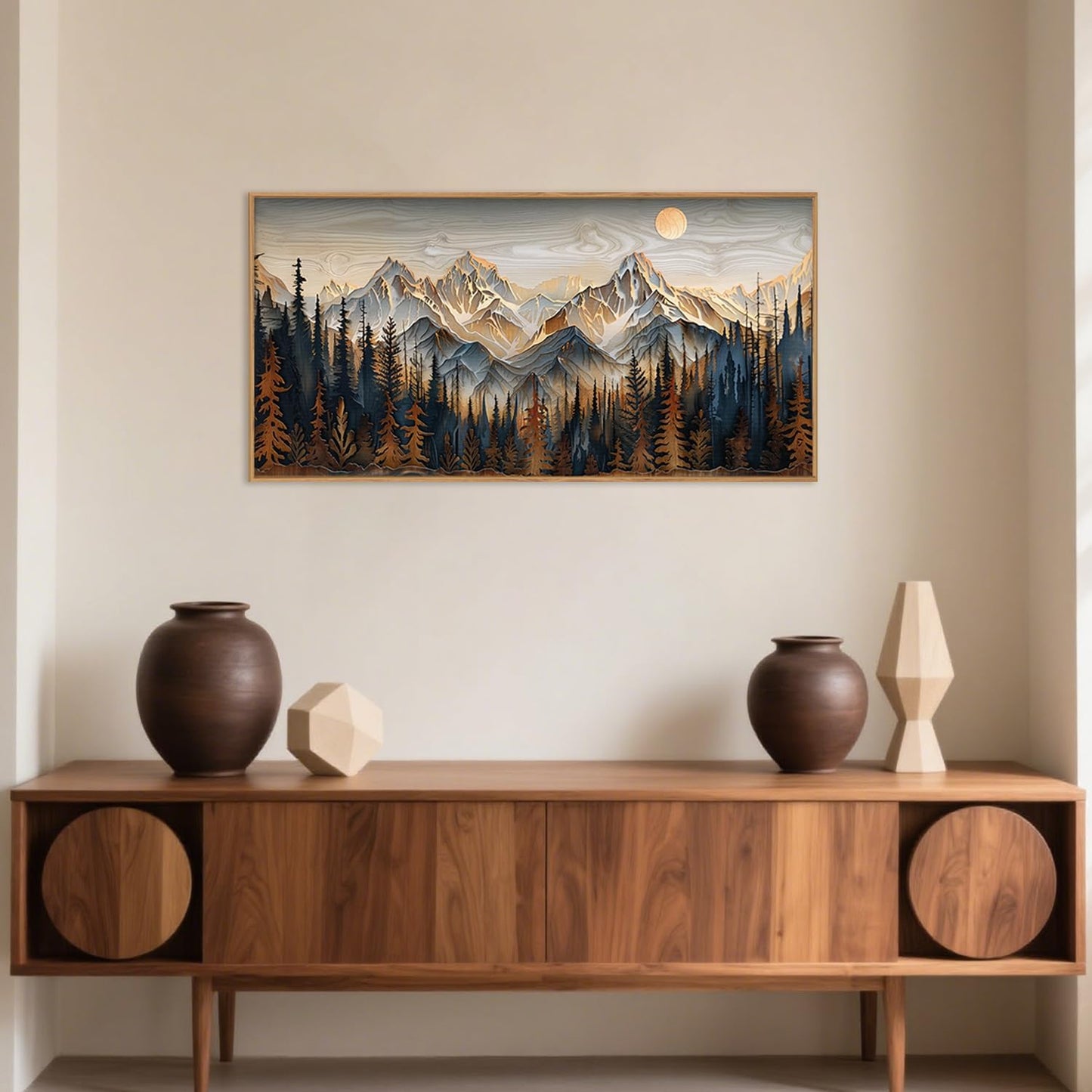 Celestdeco Wood Mountain Framed Canvas Wall Art Set, Pine Trees Wall Painting, Ridge Scenery Wall Decor, Natural Sun Landscape Art Print for Living Room, Bedroom, Dining Room, Office - 20"x40"x1