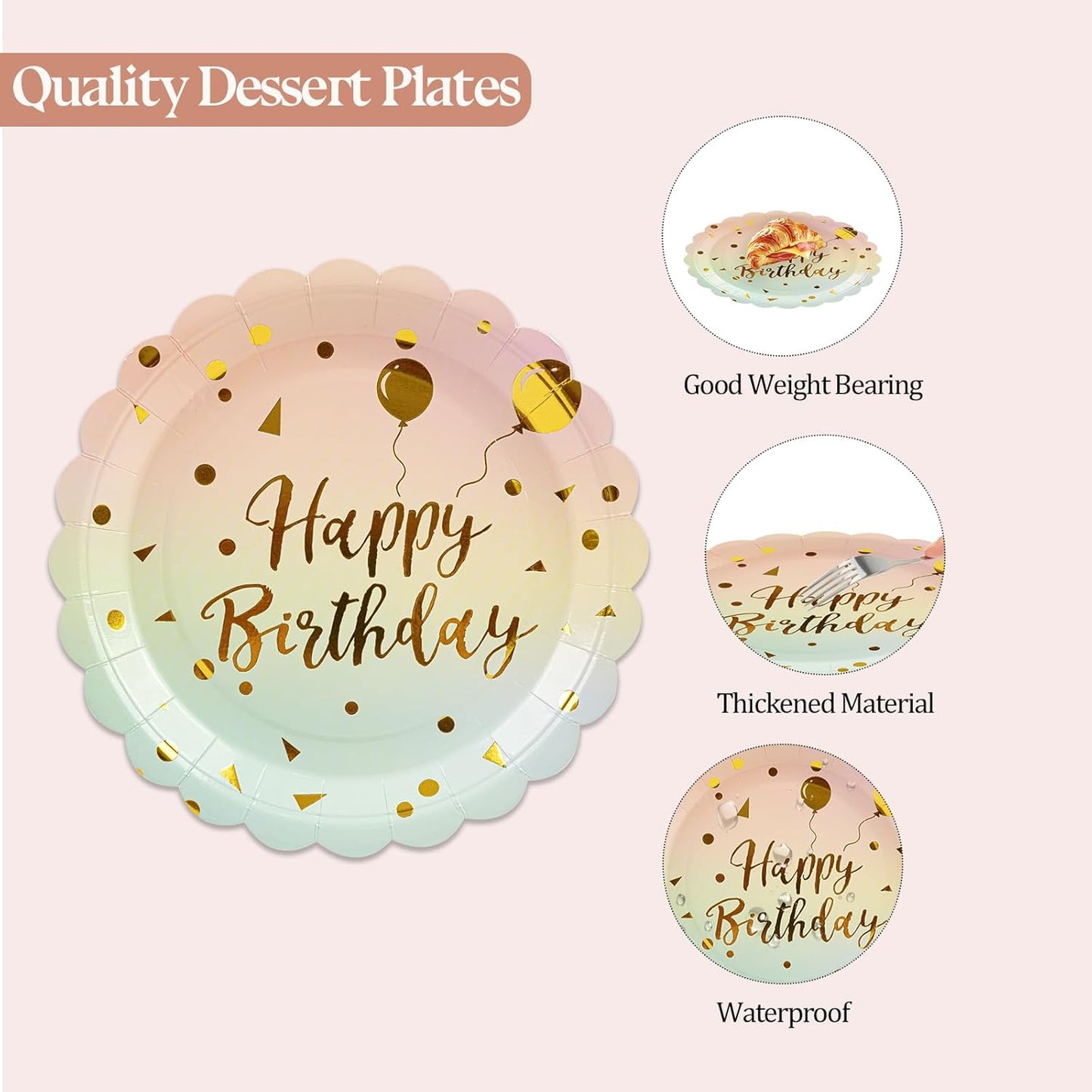 50PCS Pastel Rainbow Birthday Paper Plates, 7 Inch Disposable Happy Birthday Dessert Plates Cake Plate Scalloped Colorful Gold Dot Party Plate Aniversary Party Supplies Decorations for Boys Girls