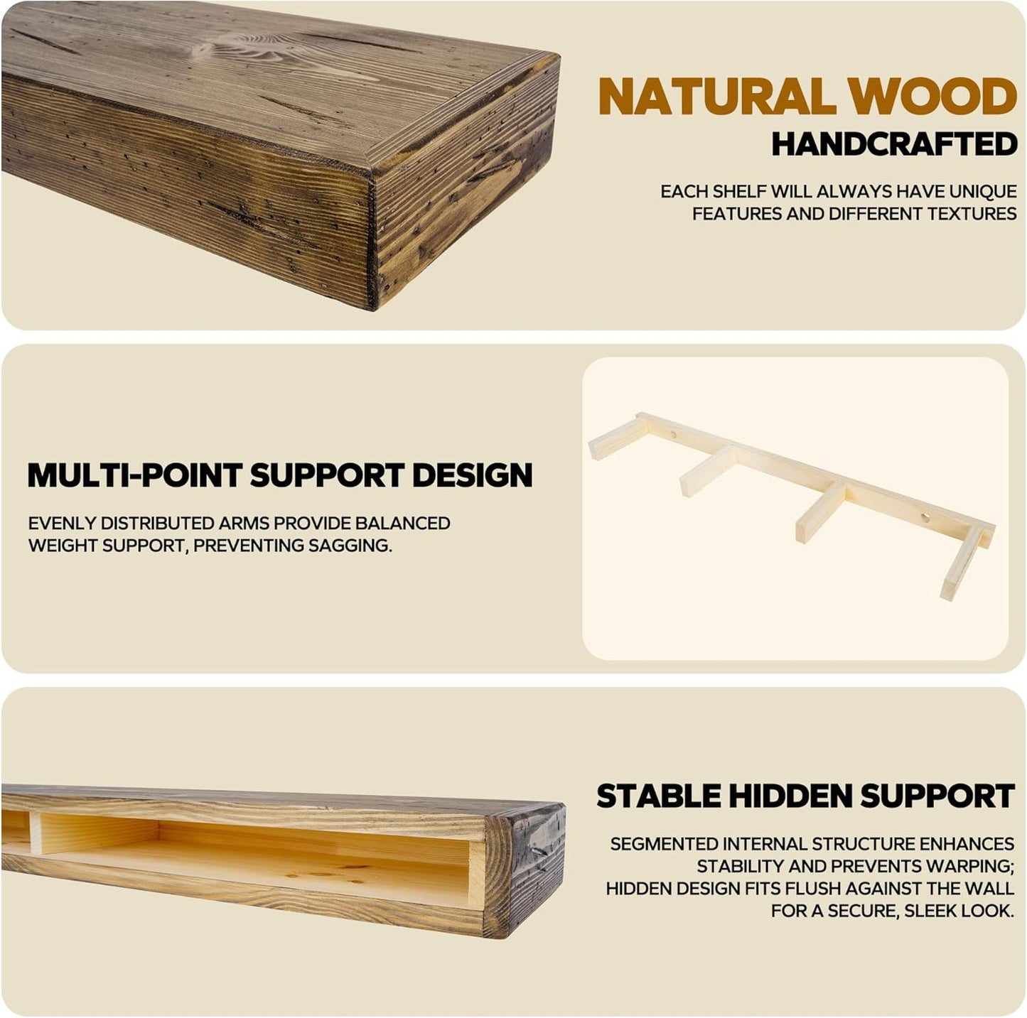 Floating Shelves 3 inch Thick for Wall Set of 2,Solid Pine Wood Wall Mount Shelf for Kitchen Living Room Bedroom Bathroom,8" D x 36" L x 3" H-Distressed Black Walnut