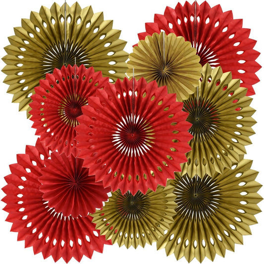 BEISHIDA Red Gold Hanging Honeycomb Round Paper Fans Decoration Wedding Theme Tissue Paper Fan Garland for Birthday Anniversary Bachelorette Graduation Party Christmas New Years Supplies（10packs）