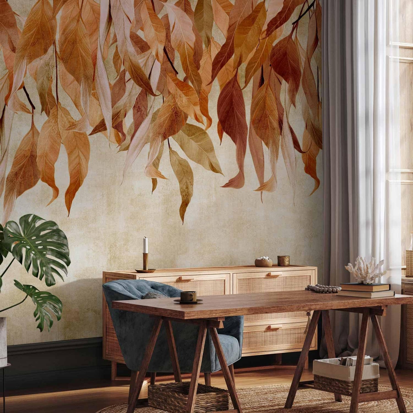 artgeist Wall Mural Hanging Leaves 157x110 in - Non-Woven Wallpaper Fleece Wall Decor Photo Print Picture Image Design Nature Botanical Concrete Orange Beige b-C-10146-a-c