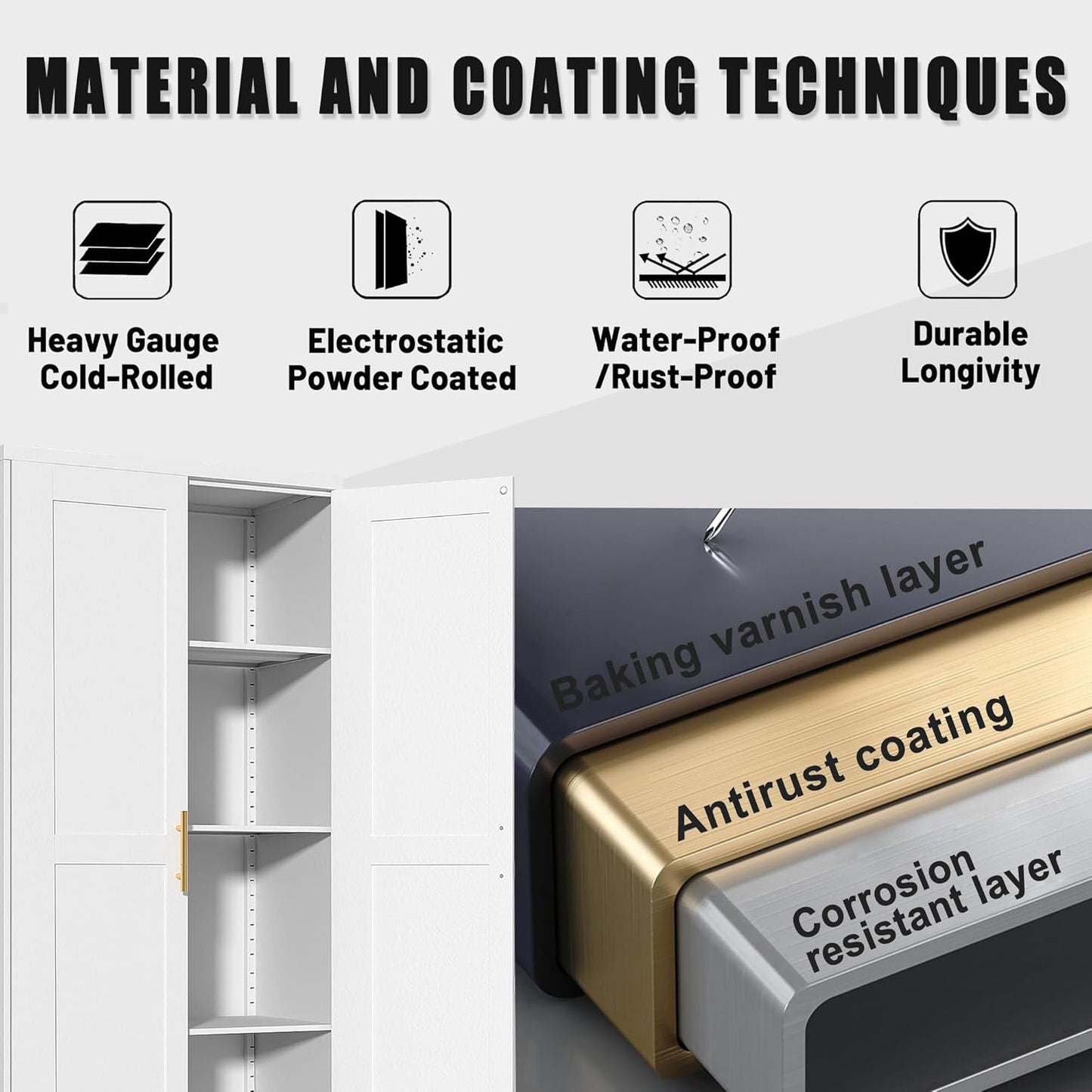 White Metal Kitchen Storage Cabinet, Kitchen Pantry Storage Cabinet with Doors and Shelves, Storage Cabinet with Adjustable Leveling Foot for Kitchen, Living Room and Dining Room. 61" H