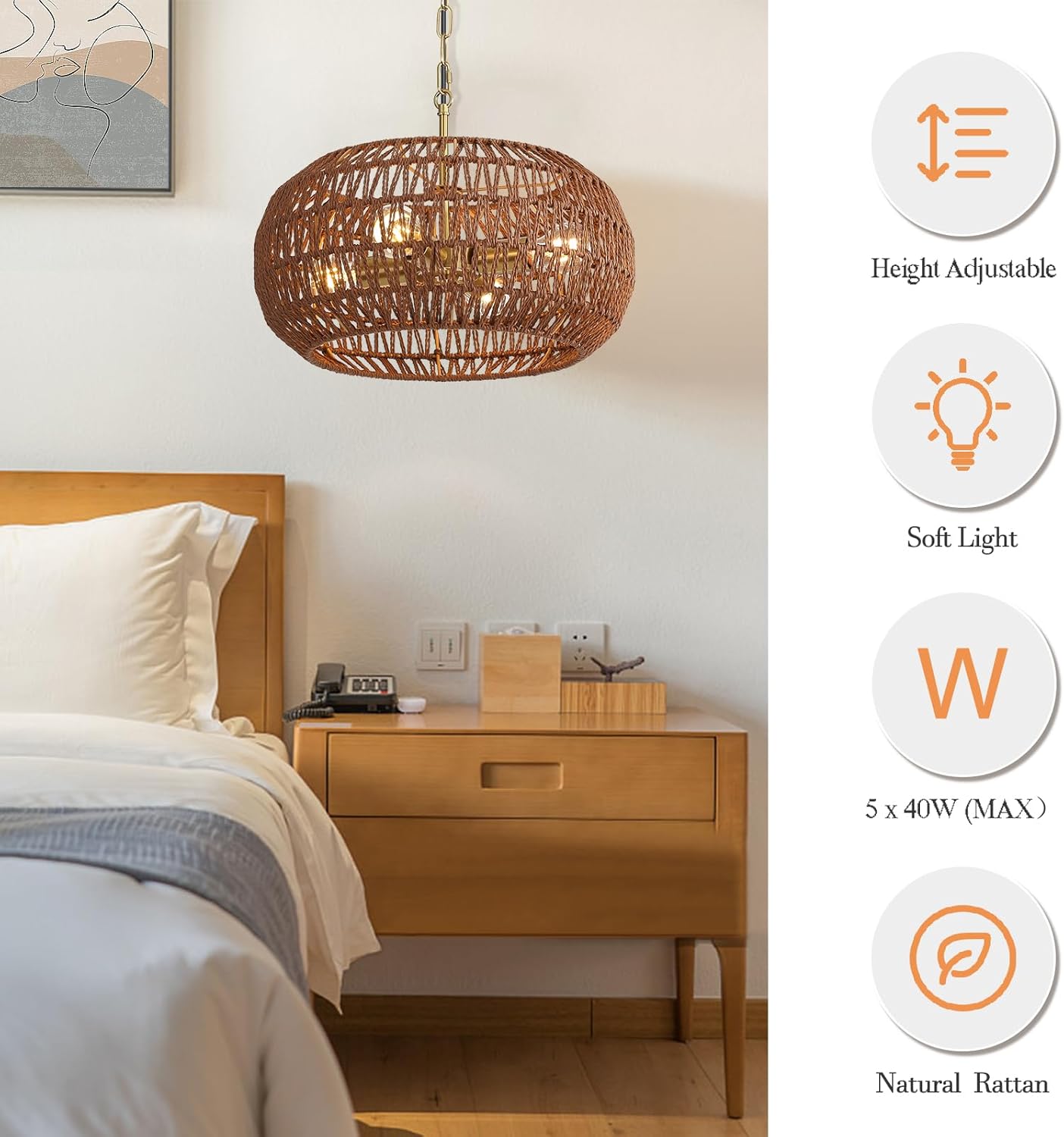 Boho Decor Pendant Light Kitchen Island,Rattan Chandeliers for Dining Room Light Fixture,Modern Farmhouse Decor Hanging Lights for Bedroom Living Room