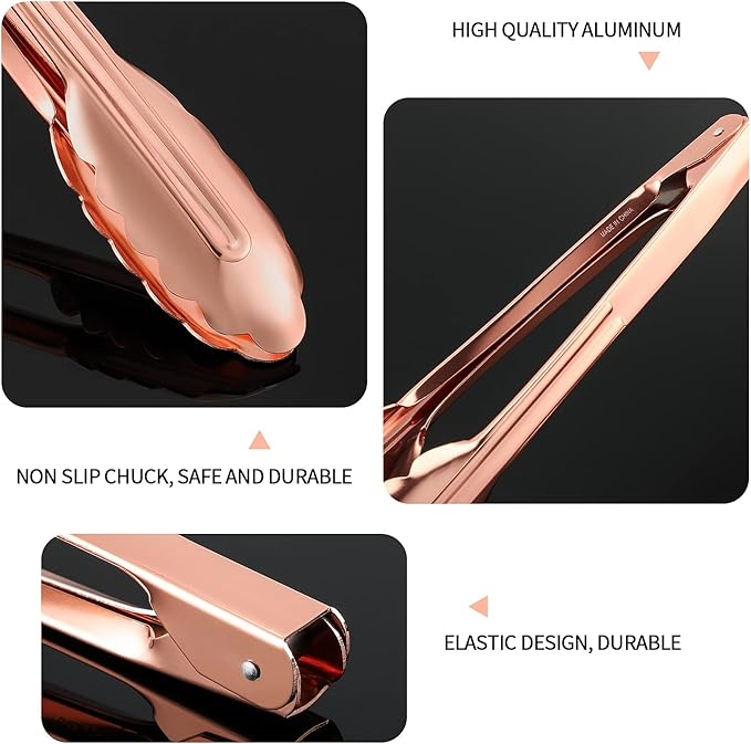 MSY BIGSUNNY 9 Inch Kitchen Food Tongs for Cooking and Serving Tongs- Aluminum - Set of 3 (pink gold)