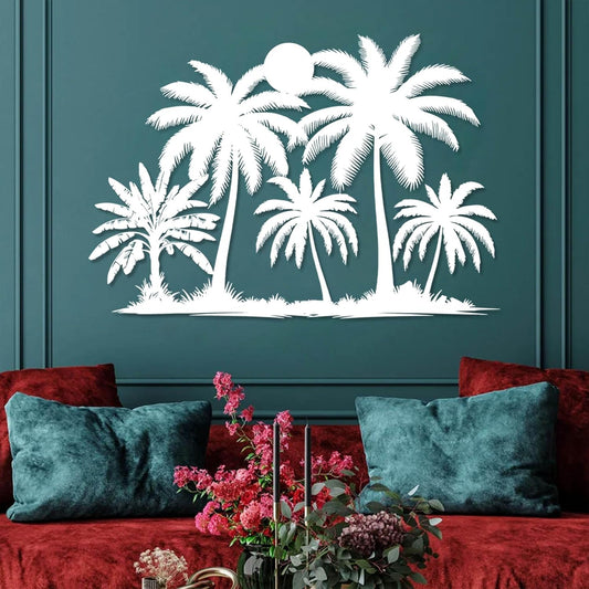 Tuglona Metal Palm Tree with Sunset Wall Decor, Tropical Palm Tree Metal Wall Art, Tropical Wall Decor, Sun Wall Art, Beach Wall Decoration, Coastal Trees Wall Hanging (White, 30"x21"/76x53cm)