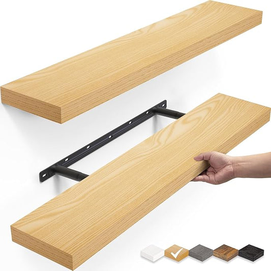 BAYKA Floating Shelves, 22.5" Wall Mounted Wood Shelves for Bathroom, Bedroom, Living Room, Kitchen, Hanging Shelf for Books/Storage/Decor (Oak-Toned,Set of 2)