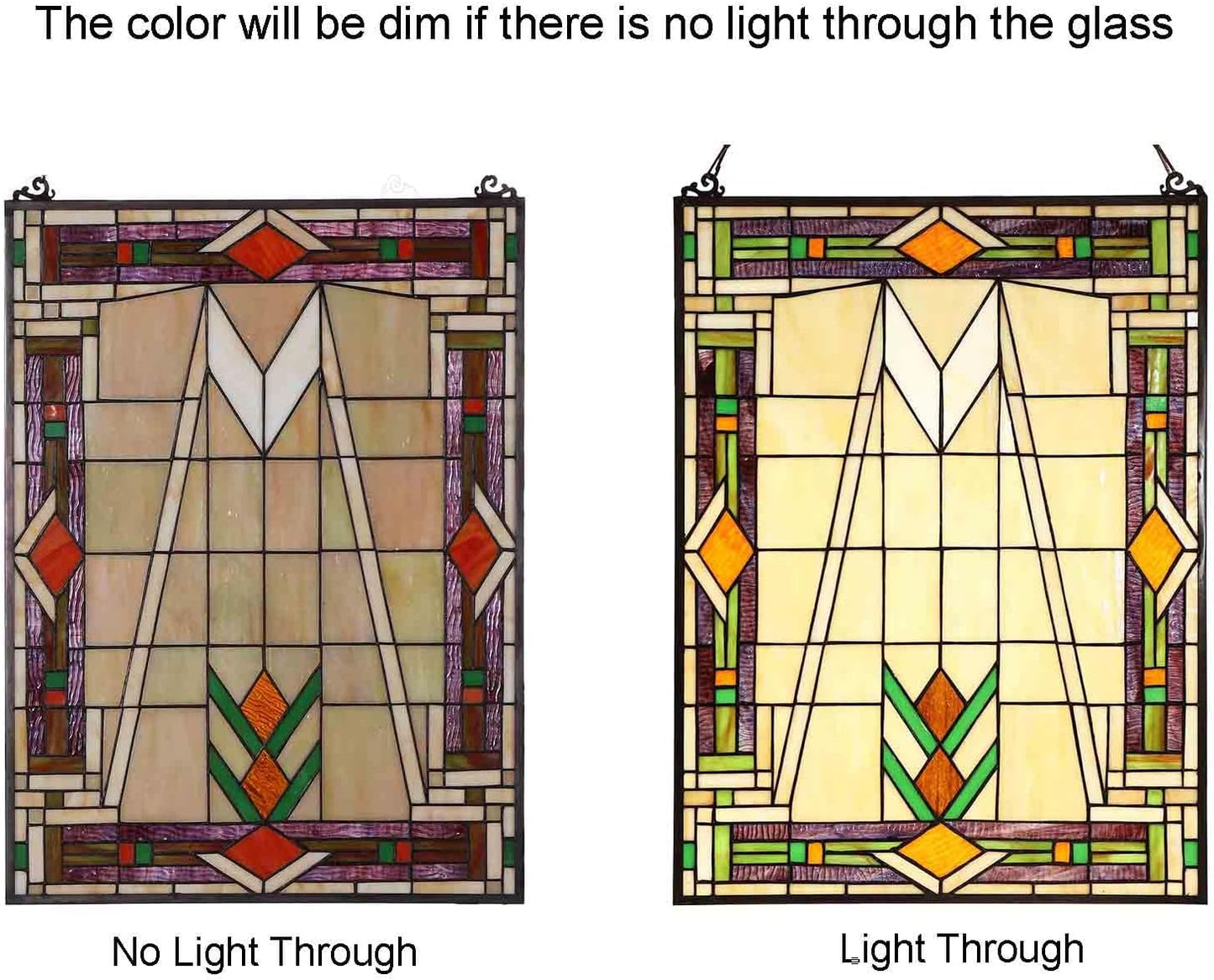 Bieye W10029 Mission Tiffany Style Stained Glass Window Panel Hangings with Chain, 18" W x 25" H