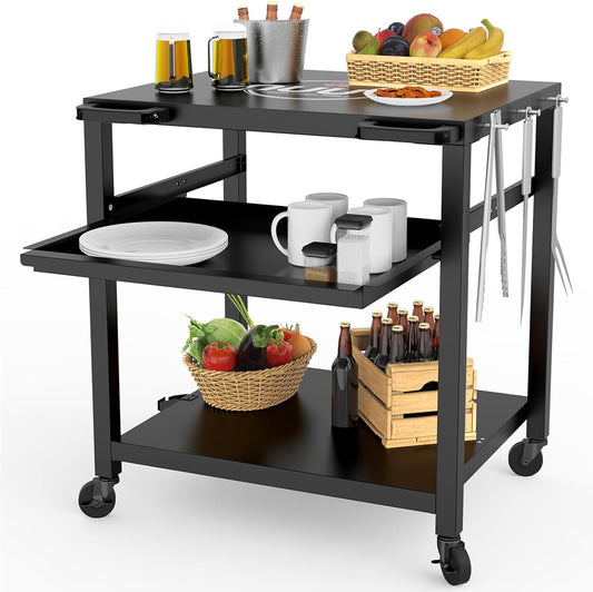 NUUK Outdoor Grill Prep Table 24"x30" Metal Grill Cart Outside 3-Layer Pizza Oven Table Movable with Universal Wheels for BBQ Backyard Patio