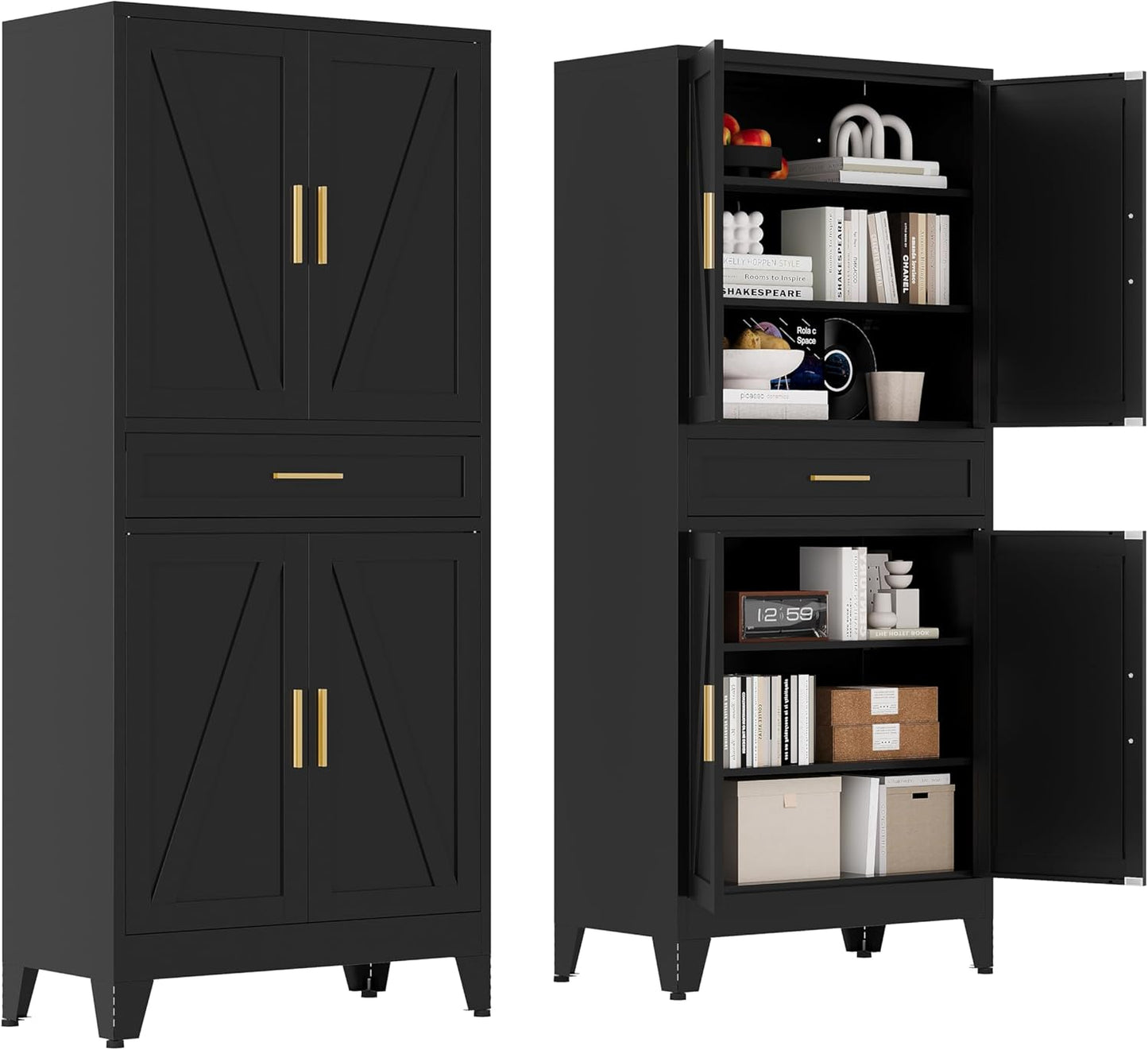 71 "Farmhouse Metal Filing Cabinet with a Drawer and 4 Adjustable Shelves, with 4 Large barn Door White Kitchen Cabinets, Metal Food Cabinets for Home, Kitchen, Dining/Living Room (Black)