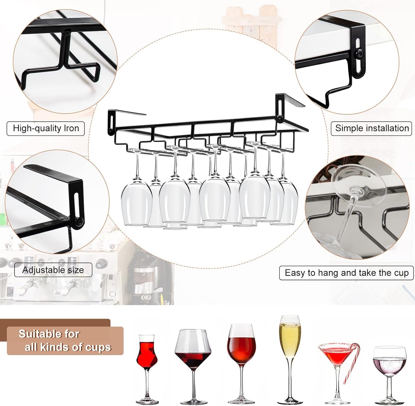 AUHOKY 2Pcs Adjustable Under Cabinet Stemware Metal Glass Holder, Hanging Wine Glass Storage Hanger Organizer for Shelf Kitchen Bar Decor(4 Rows, Black)