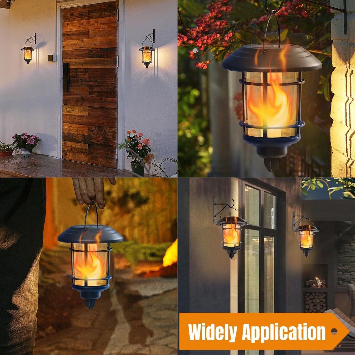 Dynaming Solar Flame Wall Lanterns, Outdoor Solar Wall Hanging Lights, Flickering Flame LED Lights Auto On/Off Wall Mounted Sconce Lights with Hooks, Waterproof for Garage Stair Patio Porch, 2 Pack