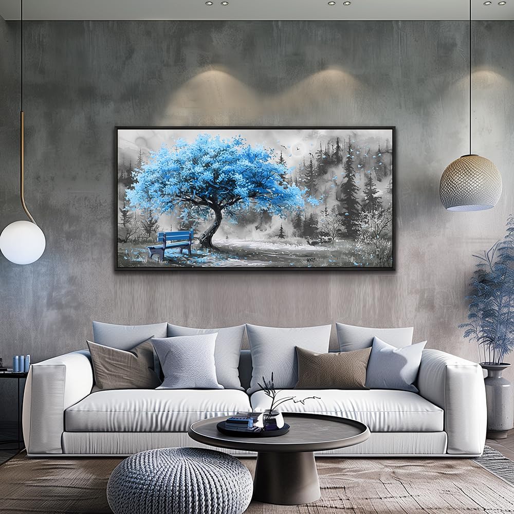 ZUITINGHUA Black Framed Canvas Wall Art For Living Room Wall Decor For Bedroom Office Wall Decoration Blue Tree Landscape Painting Black And White Picture Artwork Room Aesthetic Home Decor 20x40 In