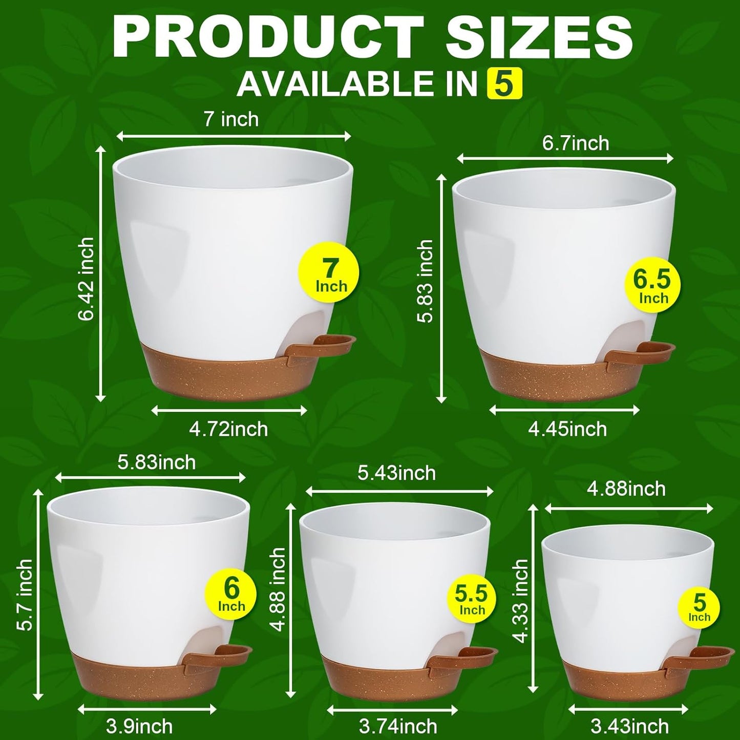 Uneed Indoor Self Watering Planters with Drainage Holes and Saucers, 7/6.5/6/5.5/5 Inch-5 Pots,for Indoor Plants, Herbs, Succulents (White)