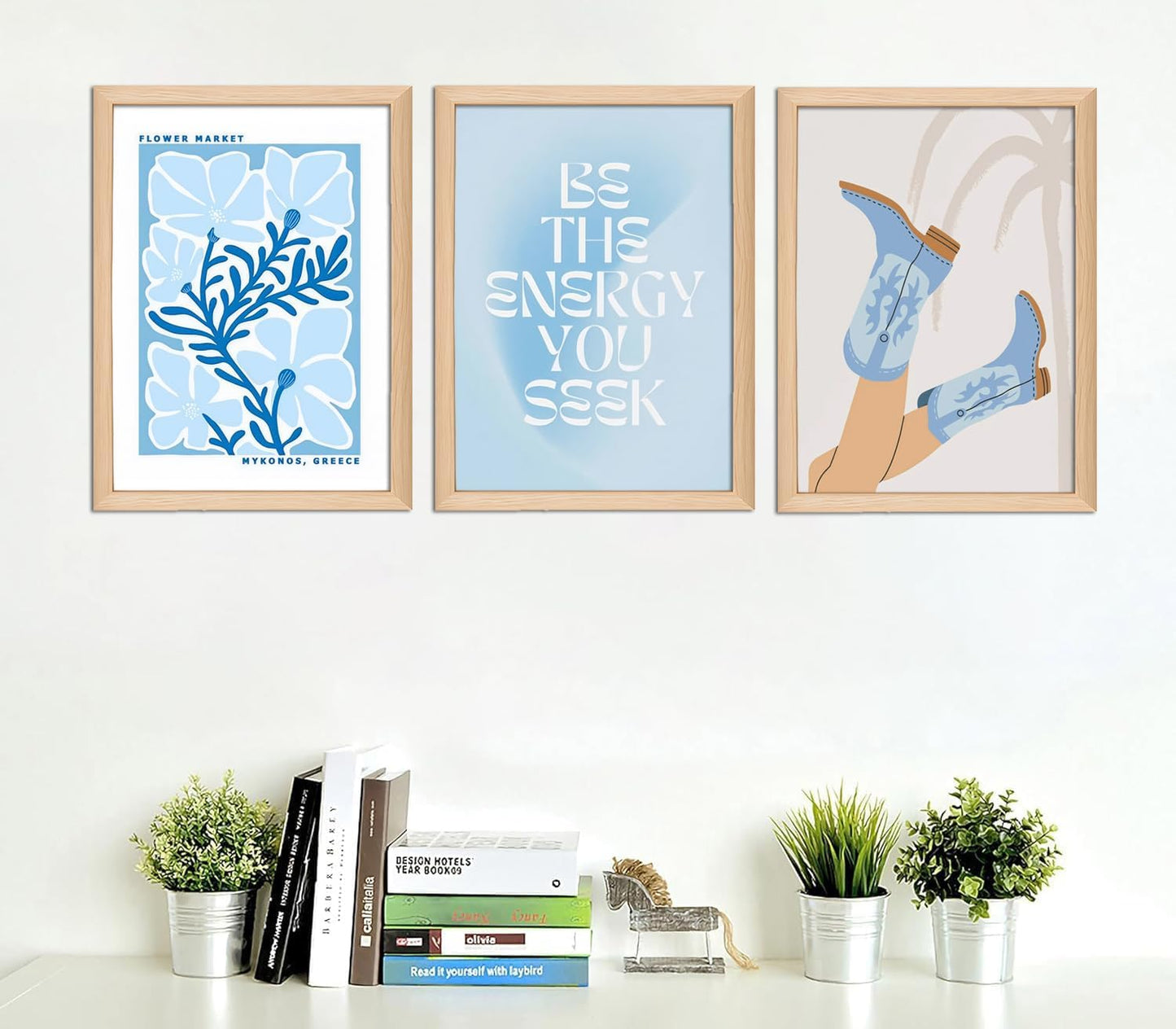 Blue Preppy Canvas Wall Art Set of 3 Trendy Cowgirl Boots Home Decor Flower Market Posters Prints Coastal Aesthetic Painting Picture for Girls Bedroom Bathroom Living Room Dorm 16x24Inch Wood Framed