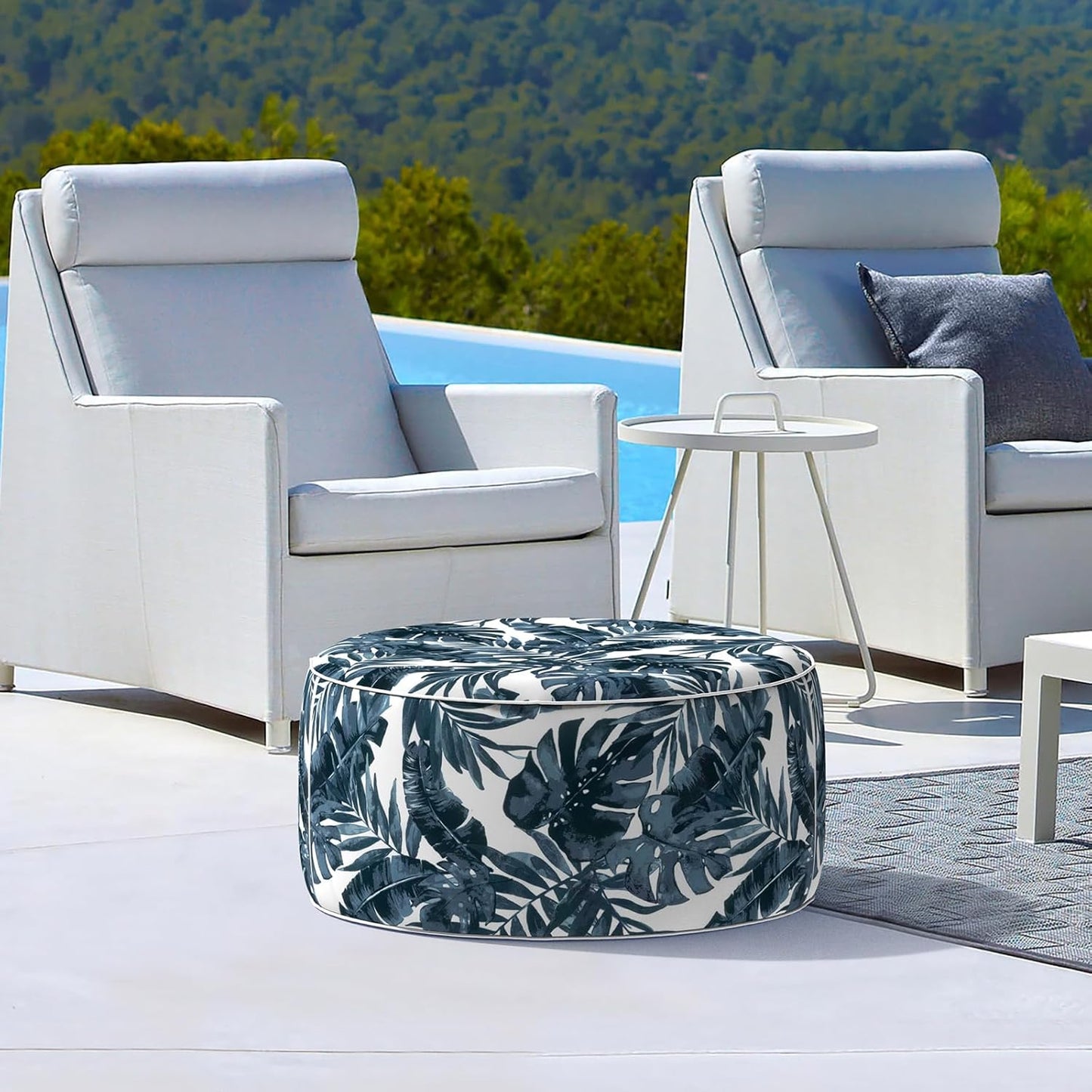 LVTXIII Outdoor/Indoor Inflatable Ottoman, 31"x31"x14" Patio Footrest Stool, Portable Round Pouf Ottoman for Patio Garden, Camping or Home Decoration, Palm Blue