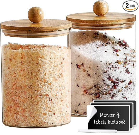 Set of 2 Large Glass Canisters for Kitchen Counter with Airtight Bamboo Lids + Marker & Labels - Cookie Jars with Wooden Lid, Food Storage Containers for Pantry, Flour Pasta Candy Coffee Pods - 68oz.