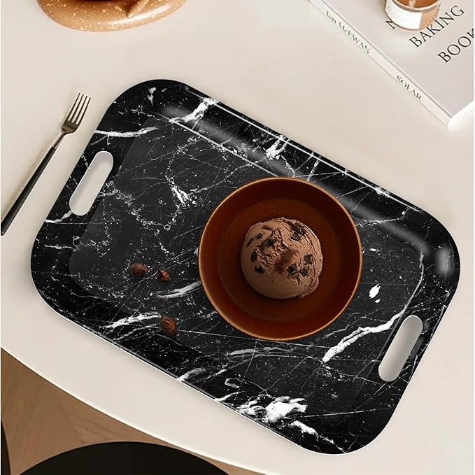 Serving Trays with Handles, 14.5 x 9.8 inch Rectangular Plastic Tray for Restaurant, Kitchen, Black Marble