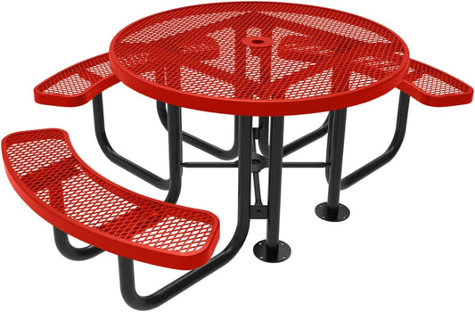 Heavy-Duty Portable Outdoor Picnic Table with Umbrella Hole, Expanded Metal Patio Dining Furniture Made in America (46" Round Top, Red)