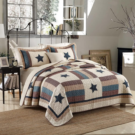 Cotton Bedding Quilt Sets 3 Pieces Reversible Coverlet Sets All Season Boys Real Patchwork Bedspread, MediterraneanStar Pattern,King Size