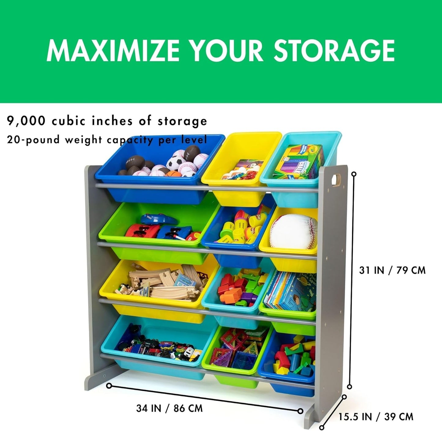 Humble Crew Kids Toy Storage Organizer with 12 Plastic Bins, Grey/Blue/Green/Yellow – Removable Bins for Playroom, Bedroom, Toddler Furniture for Boys and Girls Ages