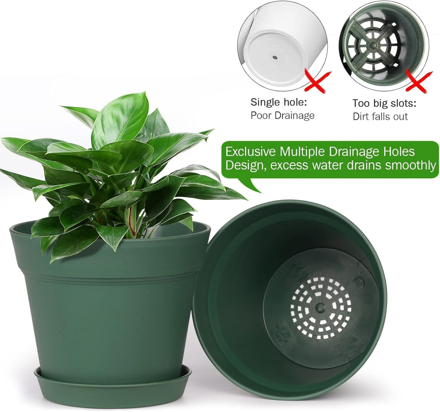 homenote Plant Pots,7.5 Inch Flower Pots for Plants Plastic Planters for Indoor with Multiple Drainage Holes and Trays, for All Home Garden Flowers Succulents,Outdoor(Green,8 Pack)