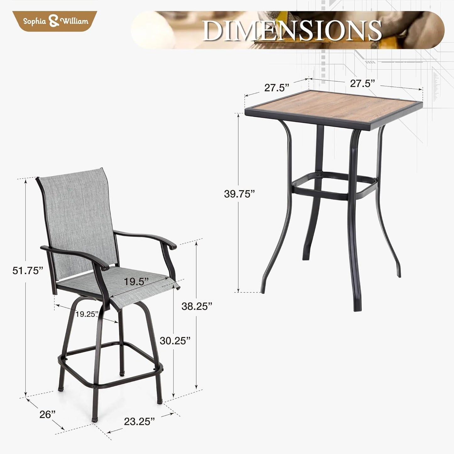 Sophia & William Outdoor Bar Set, Patio Bar Table and Chairs Set, Bar Height Patio Set - 2 x Swivel Bar Chairs(Grey), 1 x Square Bar Table(Wood-Like)