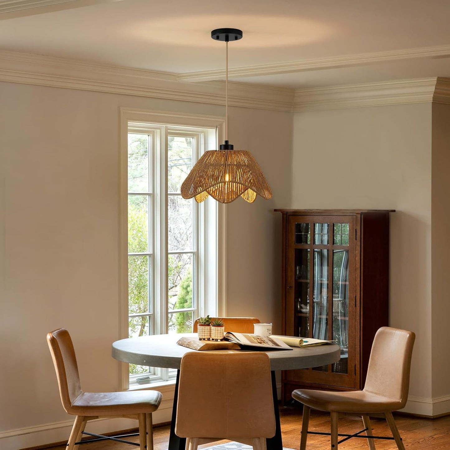 Rattan Pendant Light Fixtures,1 Light Boho Hanging Light, Farmhouse Hand Woven Wicker Chandelier, Adjustable Flush Mount Ceiling Hanging Lamp for Bedroom Dining Room Kitchen Island Hallway