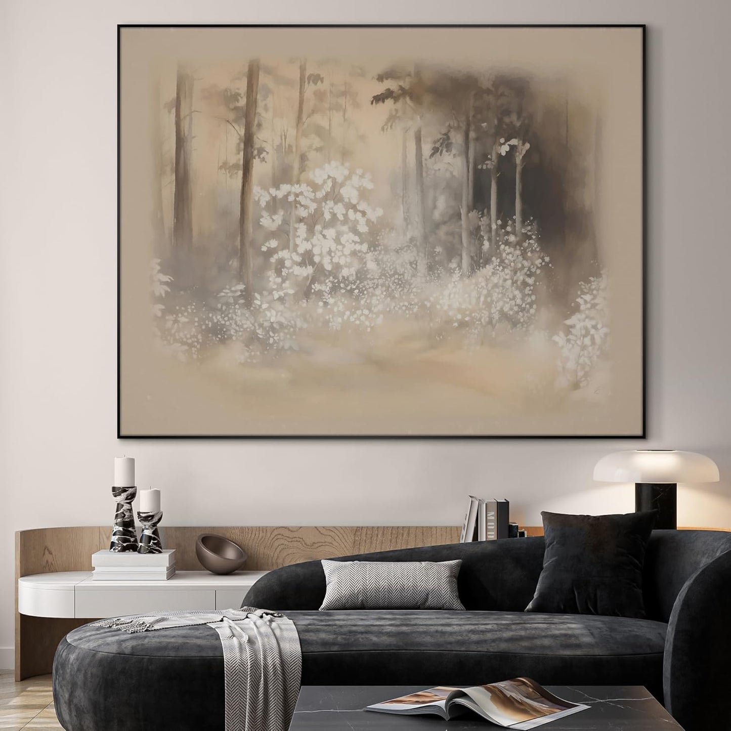 SIGNWIN 60"x72" Extra Large Framed Wall Art Misty Forest in Sepia Tones, Watercolor Woodland Landscape for Home Living Room Bedroom Decor (Frame Assembly Required)