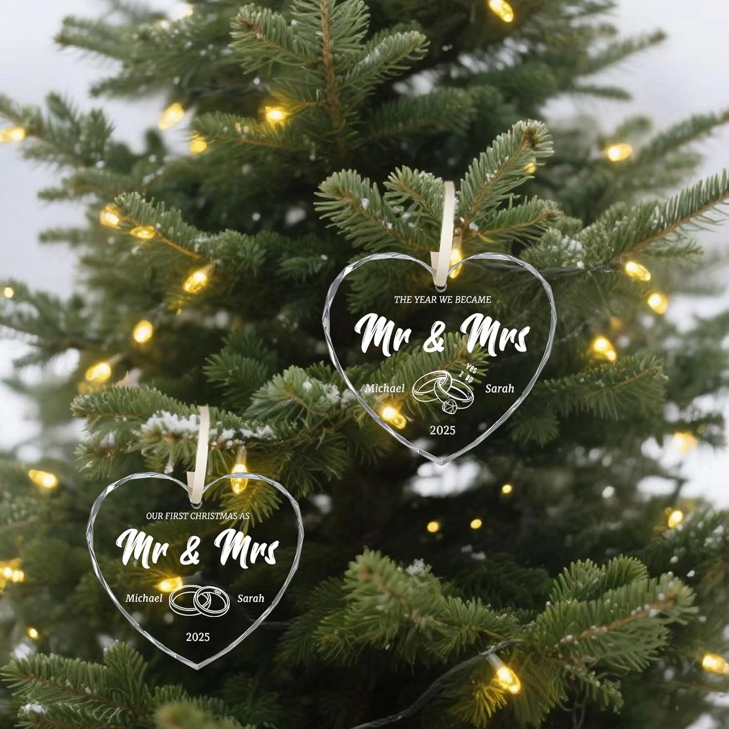 First Christmas Married Ornament 2025, Custom Wedding Crystal Glass Ornament with Photo, Name or Date, Personalized Wedding or Bridal Shower Gifts for Newlyweds