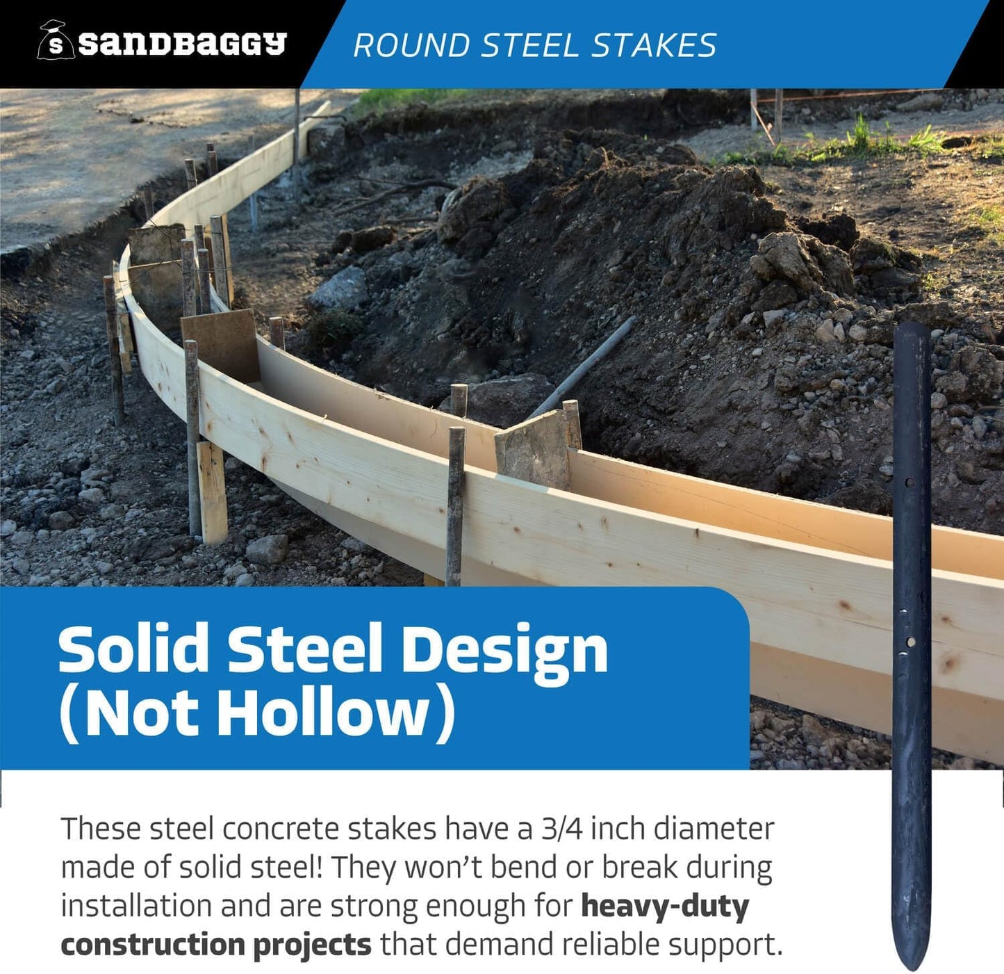 Sandbaggy Round Steel Concrete Form Stakes with Nail Holes - Rust Resistant Coating - Removable, Reusable (10, 3/4 in X 12 in)