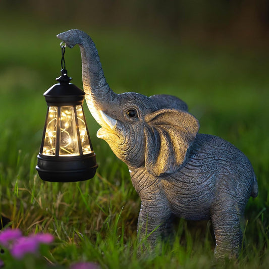 Solar Garden Statue Lights Elephants Figurine with Solar Lantern, Outdoor Yard Decorations for Patio Porch Home, Christmas Elephant Gifts for Women - Unique Housewarming Gifts