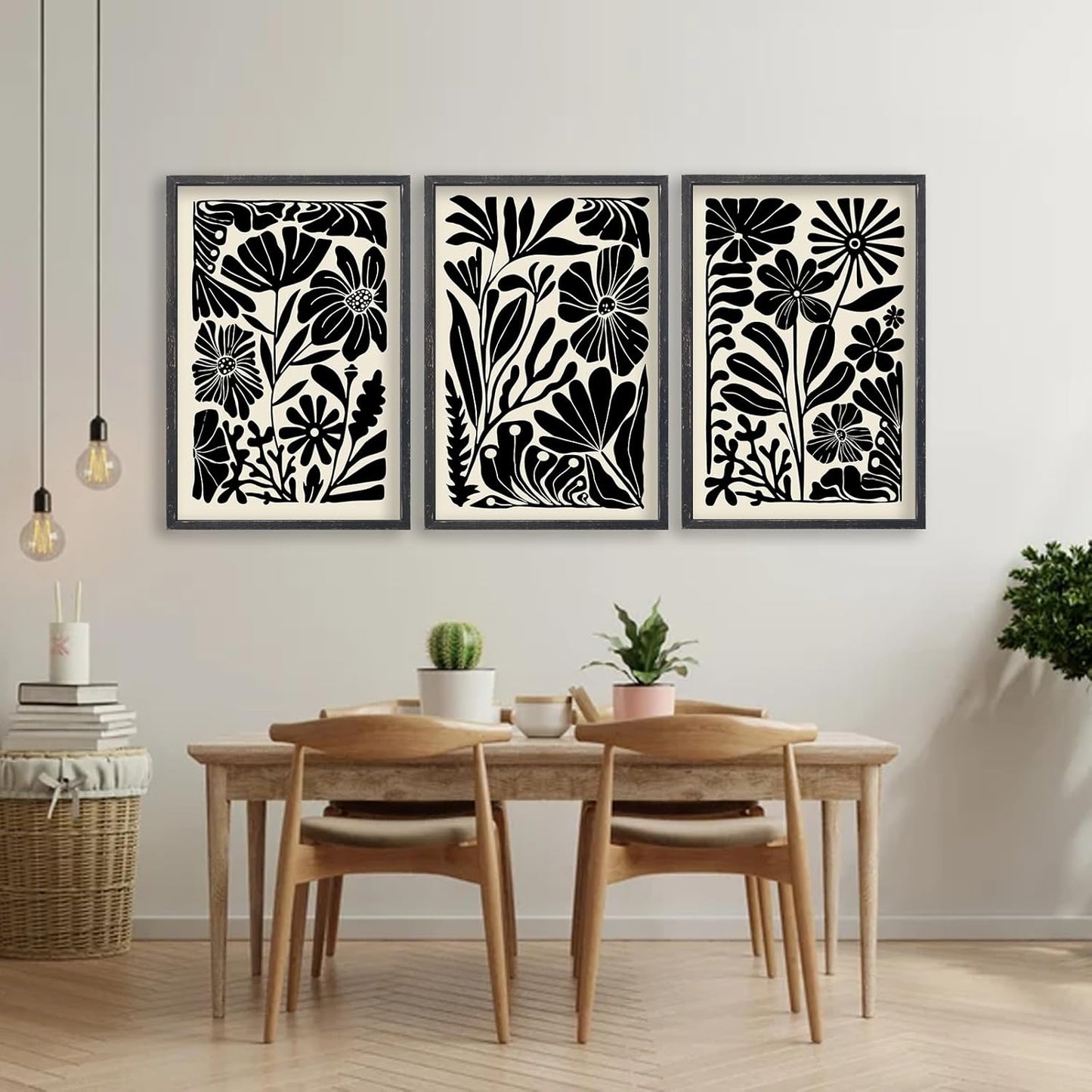 Abstract Floral Botanical Wall Art 16x24 Inch 3 Piece Black Vintage Boho Plant Flower Minimalist Wood Frame Sign Home Living Room Family Office Mid Century Print Wall Hanging Decor (Black)