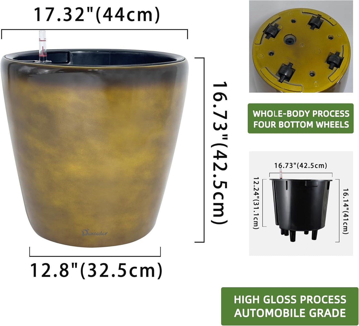 Dexceder 18x17 Self Watering Planter with Wheels Indoor Outdoor, Inner Pot Design, Thickened Large Floor Standing Flower Plant Pot with Water Level Indicator (Yellow Brown Gradient)