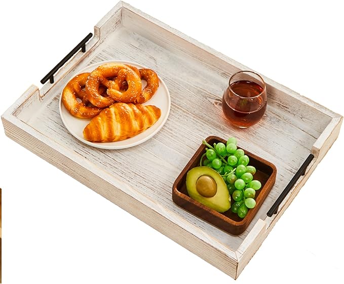 Ottoman Tray Large Serving Trays Farmhouse Decor Wooden Coffee Table Platter with Handles White Tray for Bed Kitchen Living Room 19 * 14Inch