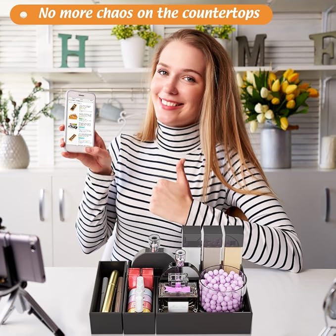 Black Bamboo Drawer Organizer - Silverware&Utensil Holder Organizer for Kitchen Drawers, Multi-Use Drawer Dividers Boxes for Bathroom Counter，Cabinet, Garage, Office Desk, Makeup, Jewelry (9"3"2.5")