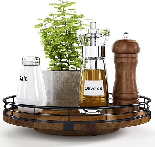 Farmhouse Oak 10" Lazy Susan Turntable Organizer for Cabinet, Round Wooden Lazy Susan Organization and Storage for Dining Table, Pantry, Kitchen, Countertop, Cupboard,Home Decor, Walnut Wood