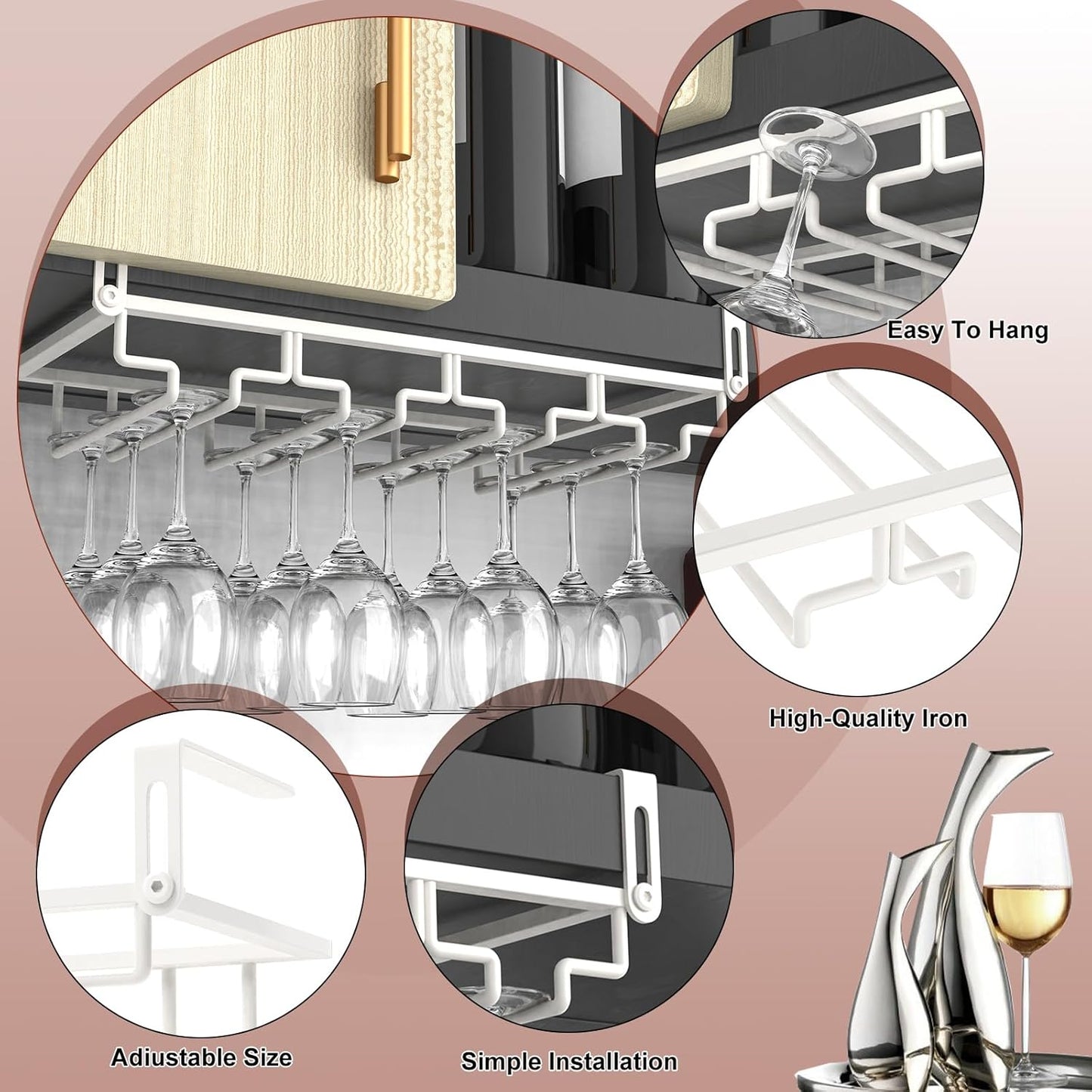 AUHOKY 2Pcs Adjustable Wine Glass Rack Under Cabinet, Punch-Free 4 Rows Stemware Wine Glass Metal Holder, Hanging Wine Glasses Storage Hanger Organizer for Shelf Kitchen Bar Decor(White, 4 Rows)