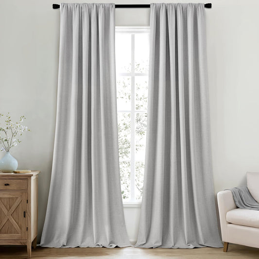 MIULEE 100% Blackout Curtains 90 Inch Long 2 Panels Set for Bedroom, Thick Luxury Faux Linen Black Out Curtain Room Darkening Back Tab Pleat Window Textured Drapes with Hooks for Living Room, Grey
