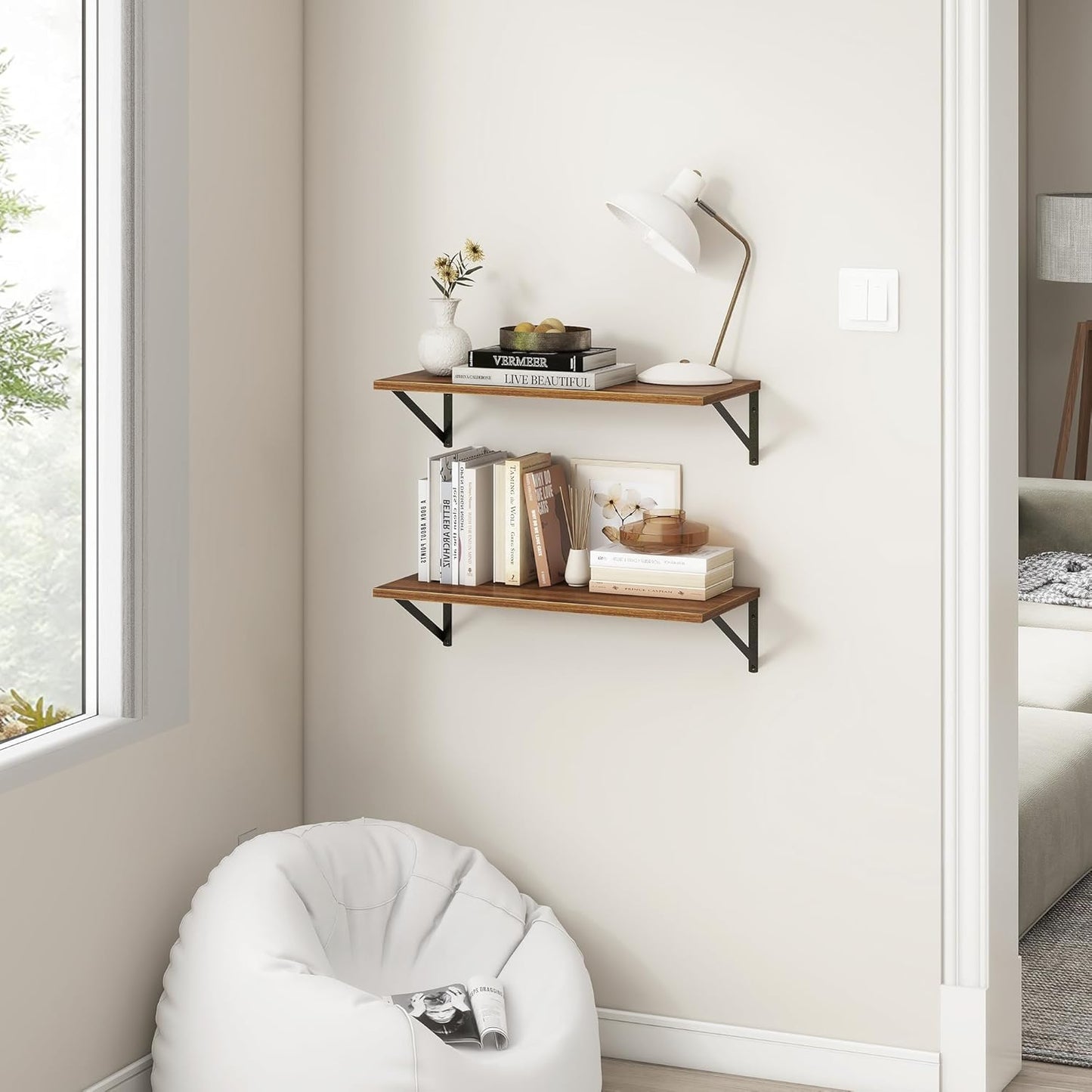 Fun Memories 27.5" W x12 D Floating Shelves, Large Wall Shelves 27.5 Inch Long, Set of 2, Farmhouse Wood Floating Shelf Wall Mounted, Deep Shelves for Bathroom, Living Room, Kitchen, Walnut Color