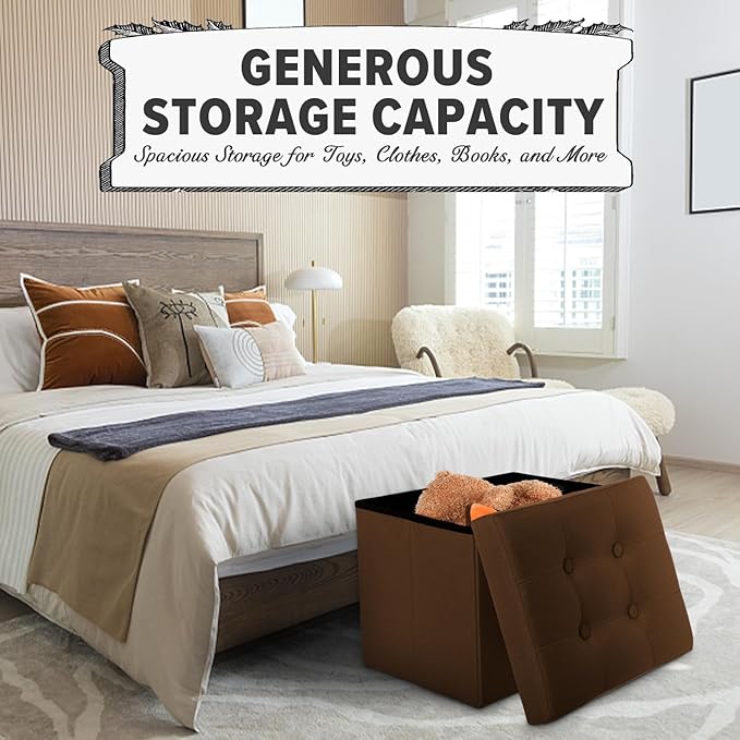 LINMAGCO Storage Ottoman Folding Foot Stool Foot Rest with Side Pocket Modern Ottoman with Storage Short Sofa Stool Linen Cloth 17x13x13(Brown)