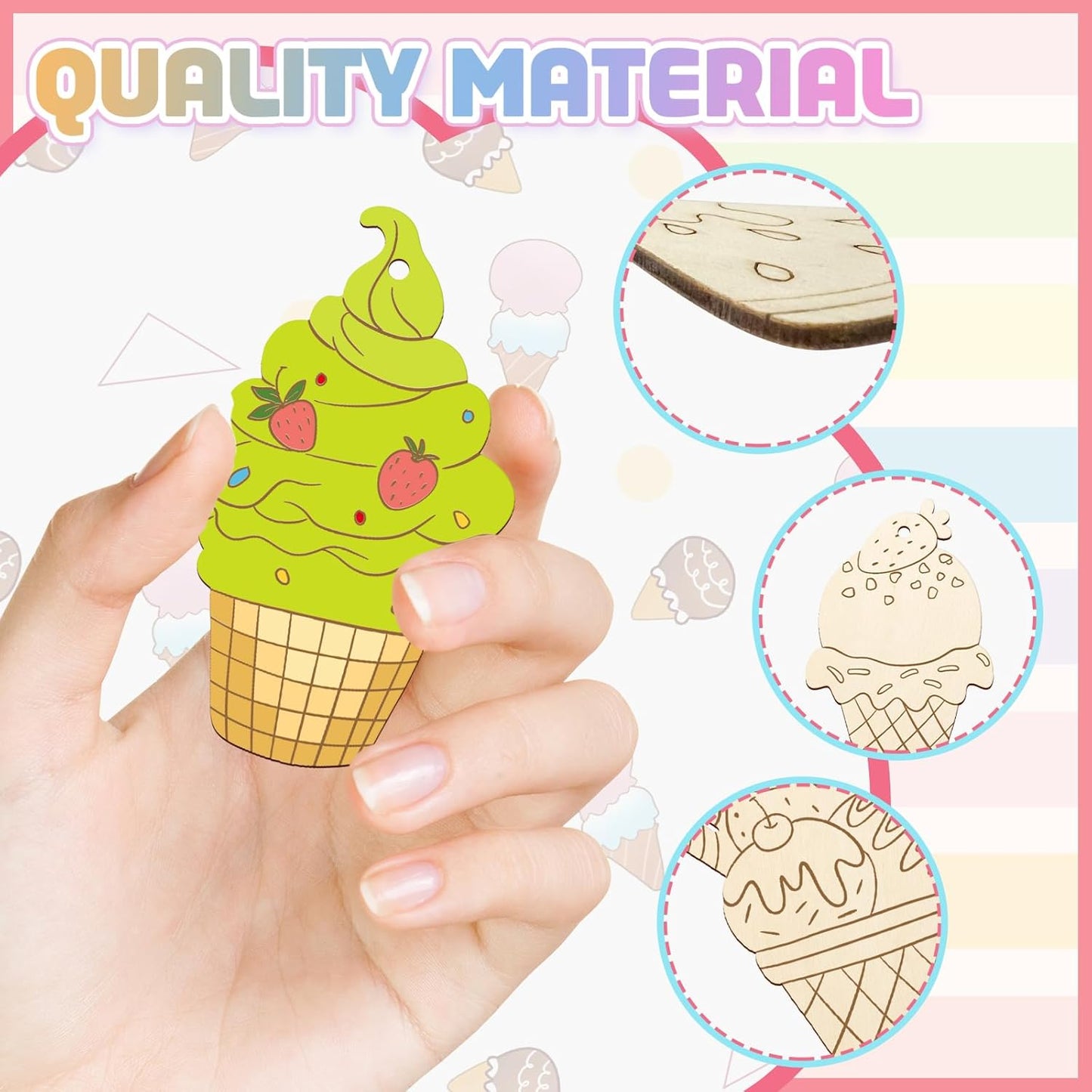 80PCS Wooden Ice Cream Cutouts Ornaments to Paint,Summer Decorations 8 Styles DIY Blank Unfinished Wood Cutouts Ornament for Crafts Hanging Decorations